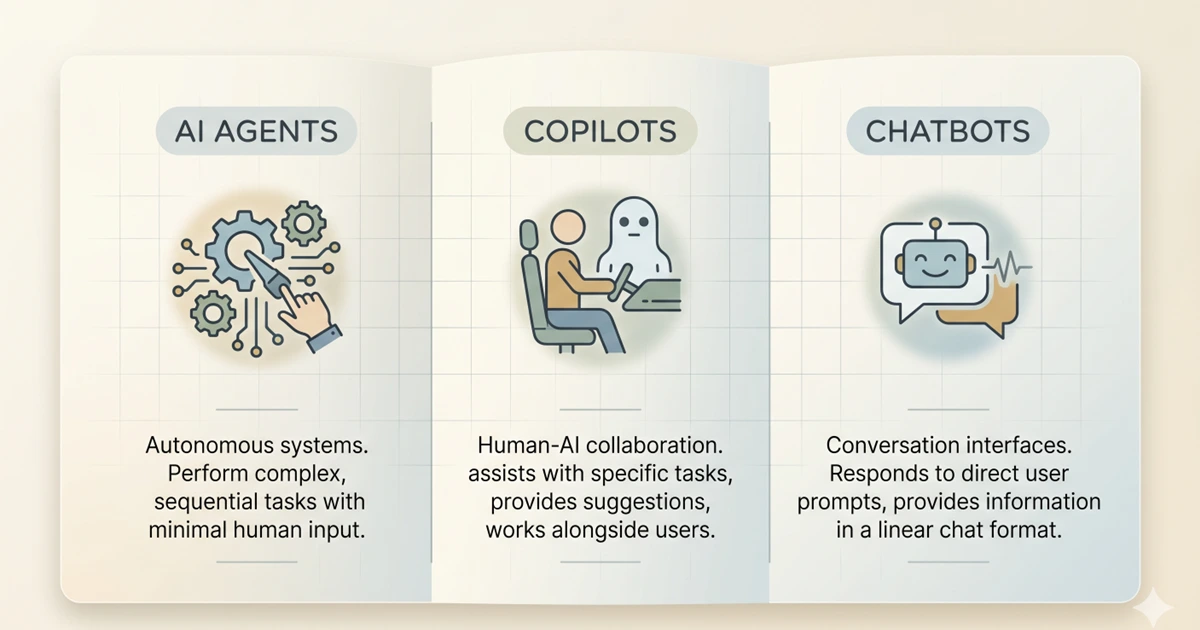 Diagram comparing AI agents, copilots, and chatbots in a workplace context