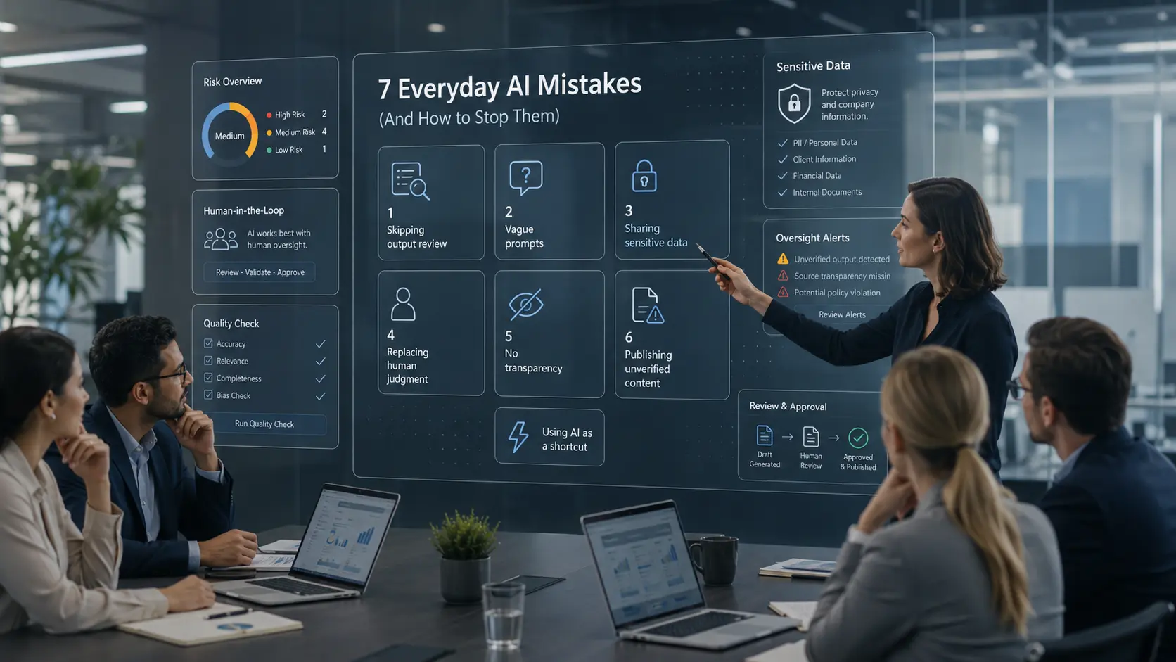 mployees reviewing a workplace AI mistakes dashboard with prompts, sensitive data, human oversight, quality checks, and approval workflow panels in a modern office meeting.