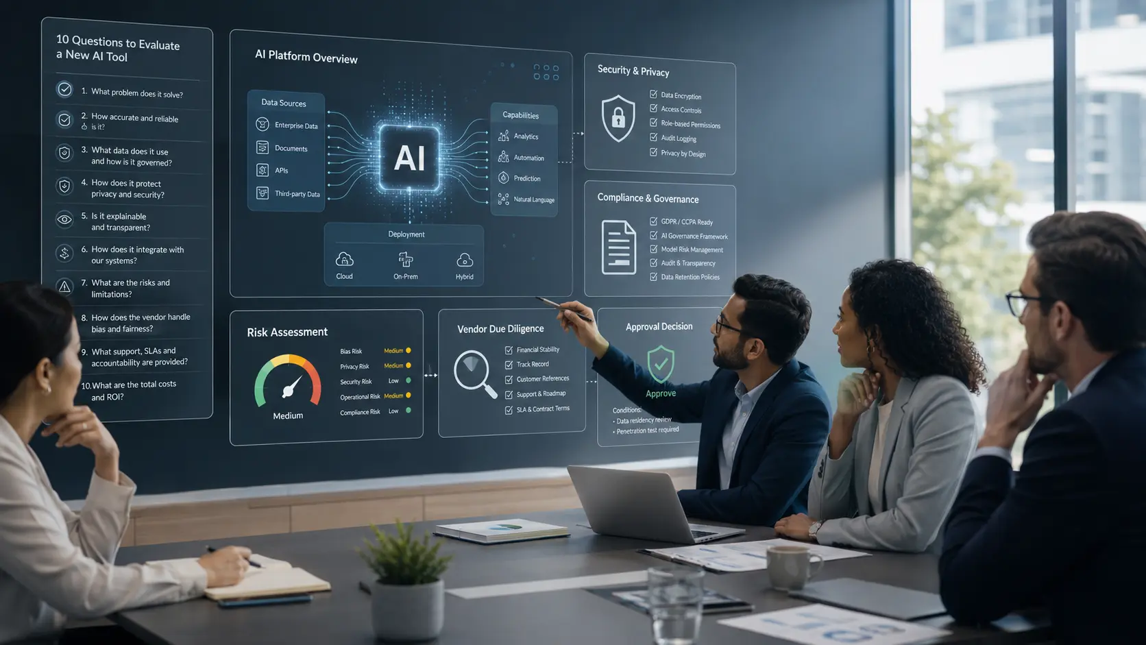 Business team reviewing an AI platform evaluation dashboard with checklist, risk assessment, security, compliance, and vendor due diligence panels before approving a new AI tool.