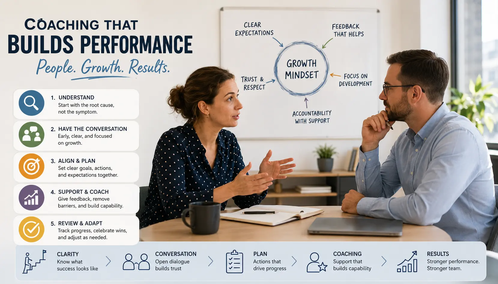 Manager and employee in a supportive coaching conversation, with visual prompts for clear expectations, feedback, planning, support, and performance improvement.