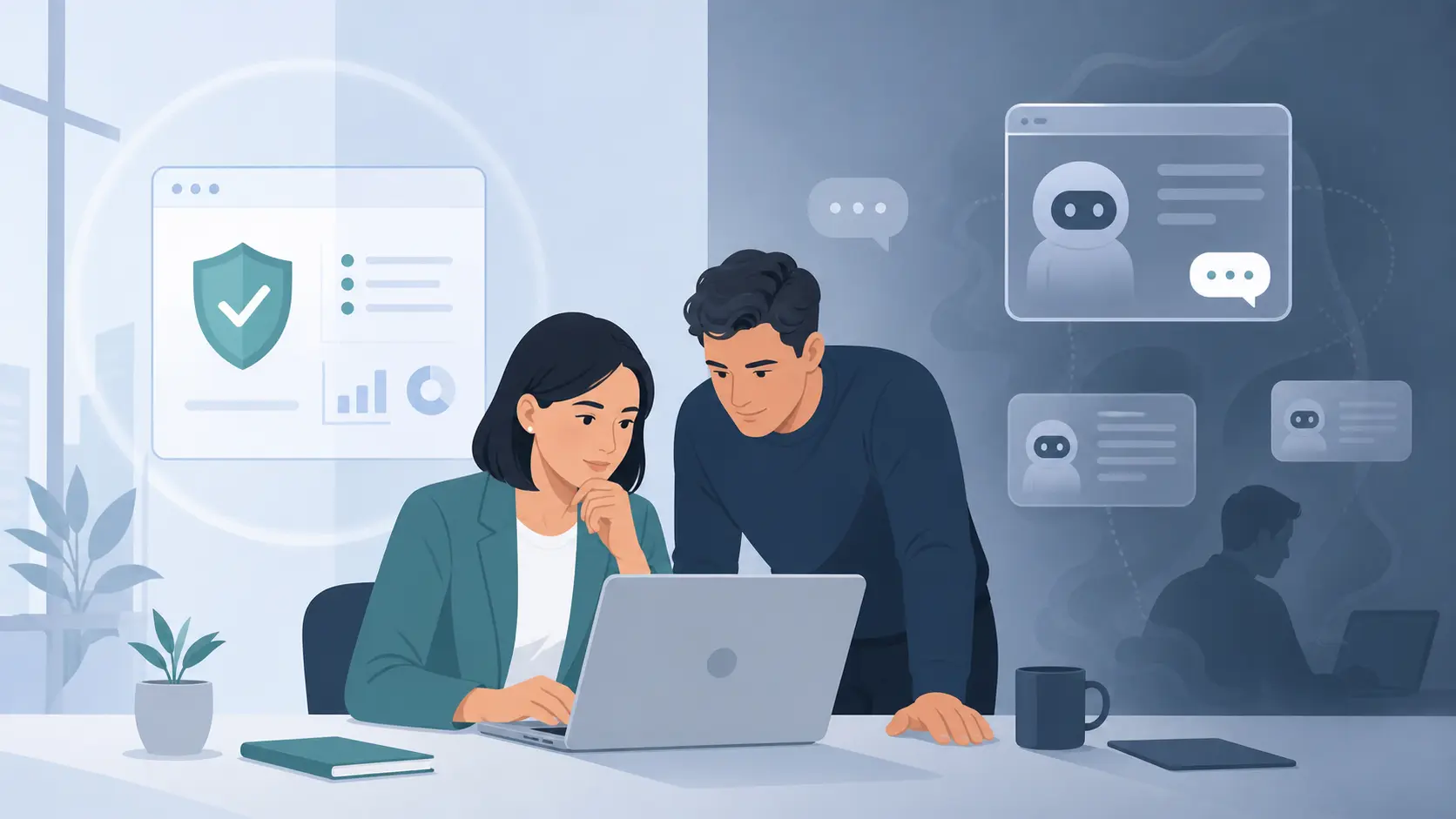 Two colleagues review a laptop in an office, with secure workflow elements on one side and AI chat interfaces in the background representing shadow AI risk.