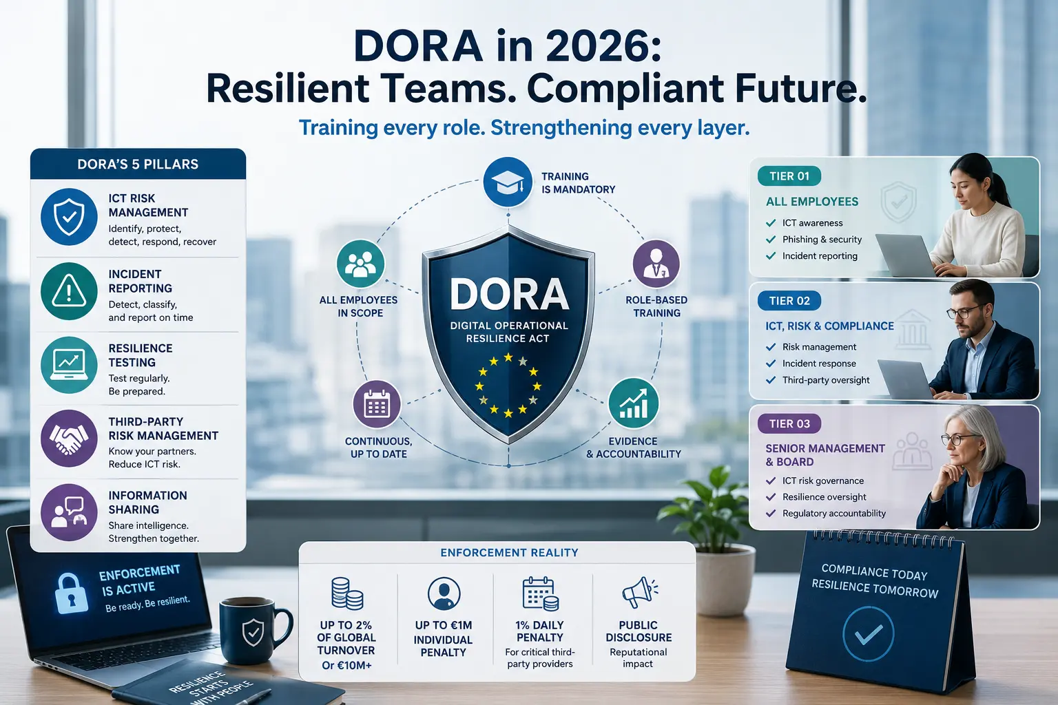 DORA compliance training hero image showing resilience pillars, role-based learning tiers, and enforcement risks for financial services teams.