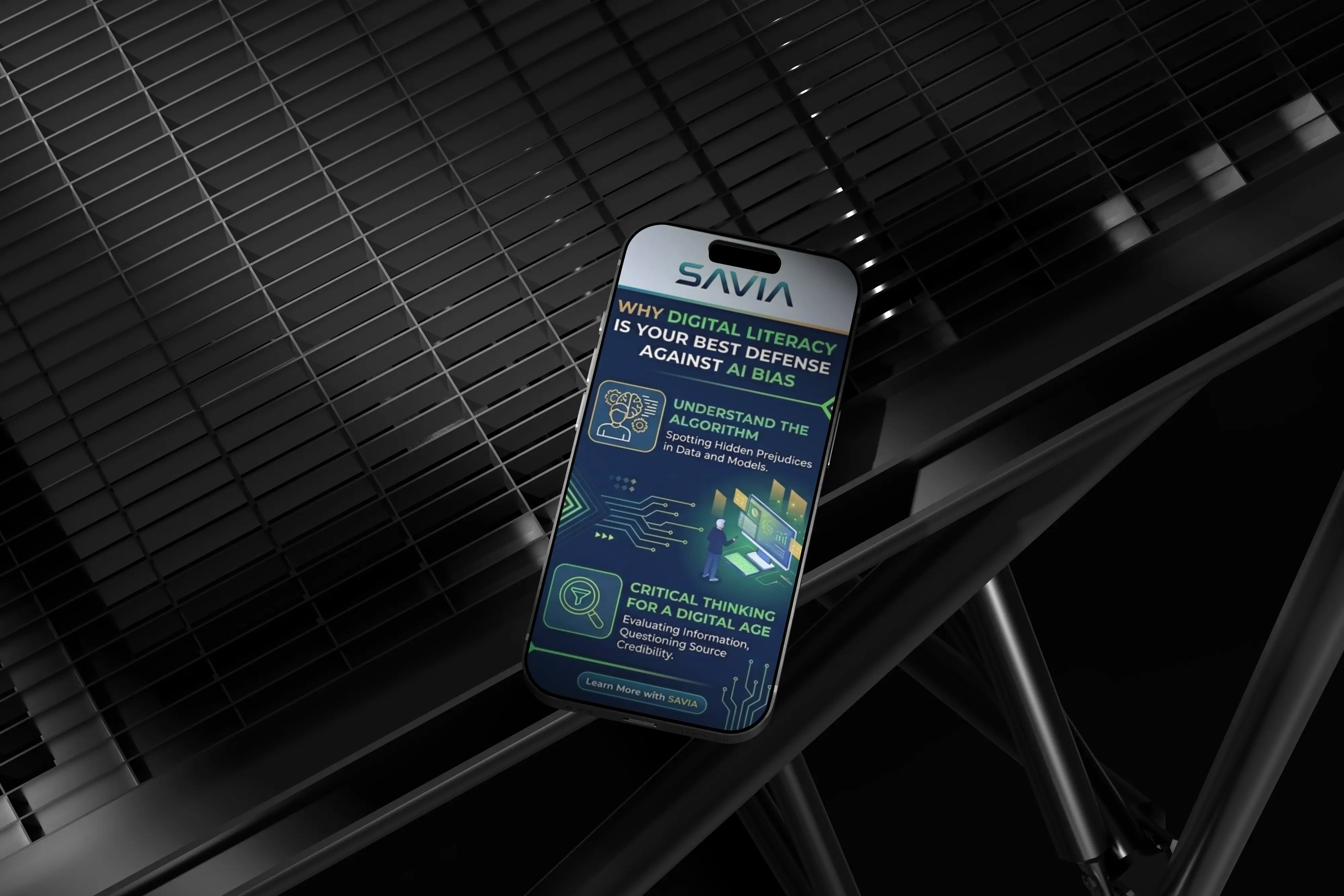 Mobile interface showing digital literacy training with Savia branding, illustrating how teams recognise and reduce AI bias